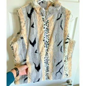 Ethyl Denim Vintage Sz XL Women's Faux Snow Leopard Reversible Vest Pockets